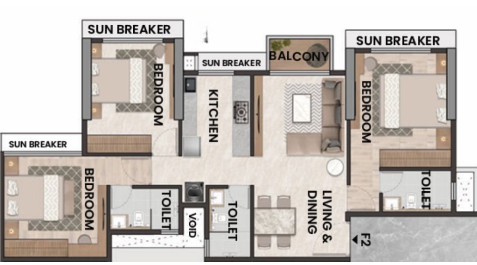 Neelyog-Aarana-FLoor-Plan-3 BHK - 875 Sqft